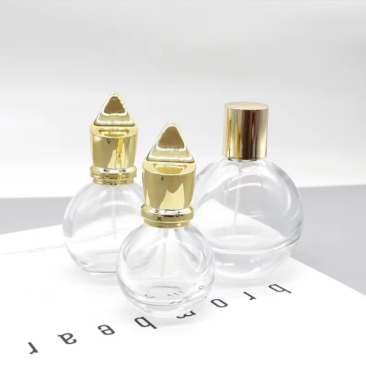 Wholesale 50ml Crimp Neck Compact Round Empty Glass Perfume Bottle with Pump Spr